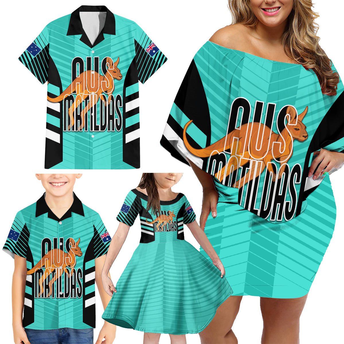 custom-australia-soccer-family-matching-off-shoulder-short-dress-and-hawaiian-shirt-go-matildas-dynamic-turquoise