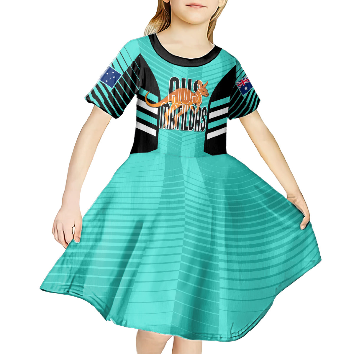 custom-australia-soccer-kid-short-sleeve-dress-go-matildas-dynamic-turquoise