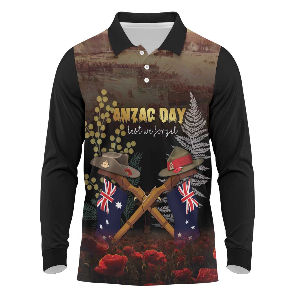 Australia - New Zealand ANZAC Long Sleeve Polo Shirt Gallipoli ANZAC Cove Landing