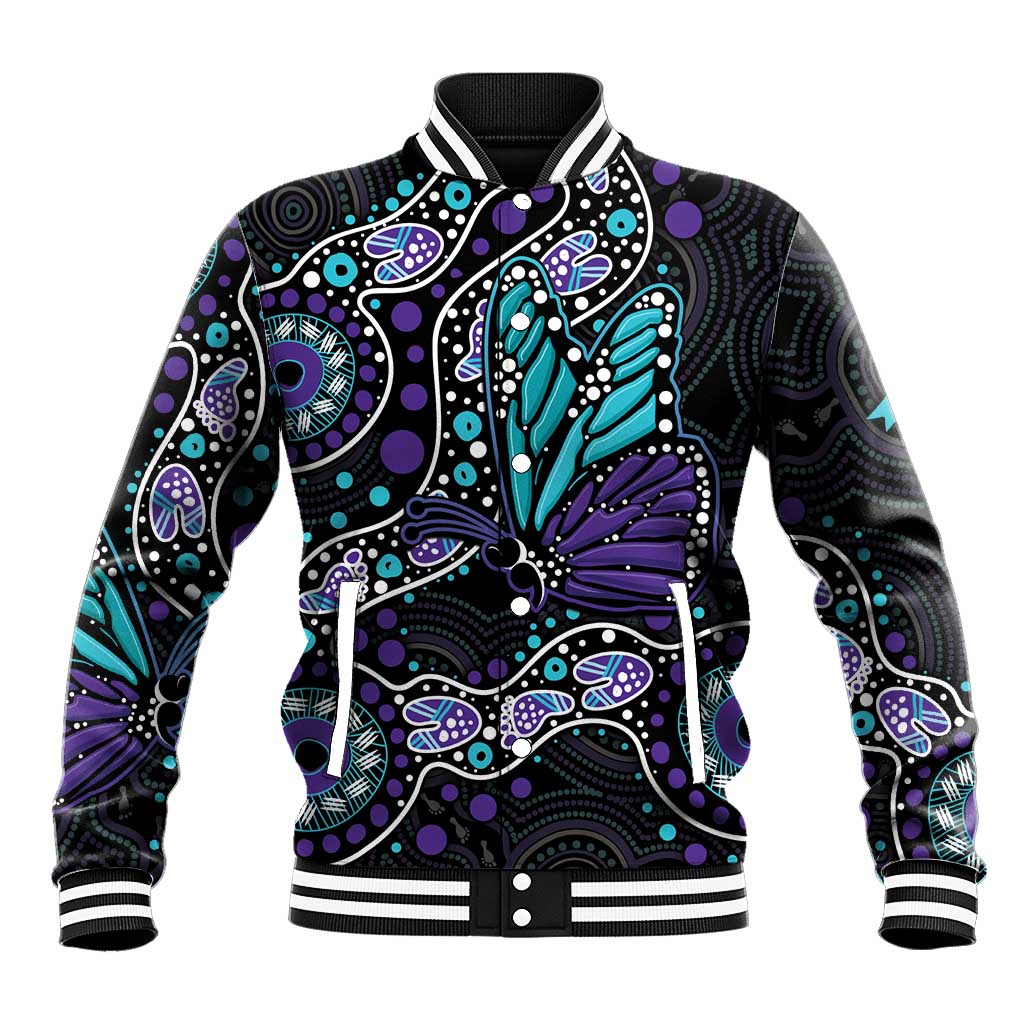 Australia Indigenous Baseball Jacket Teal & Purple Ribbon Butterfly Aboriginal Arts