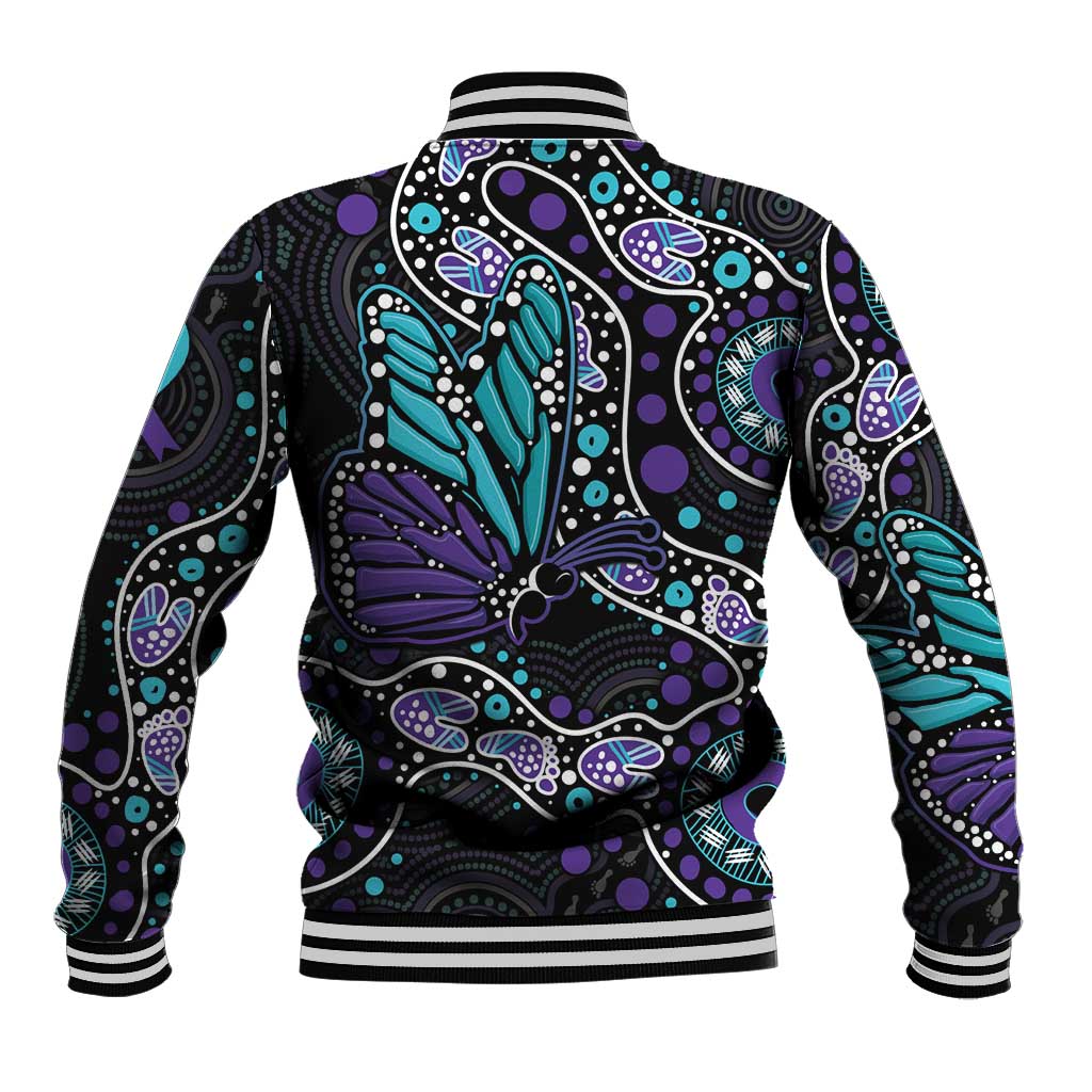 Australia Indigenous Baseball Jacket Teal & Purple Ribbon Butterfly Aboriginal Arts