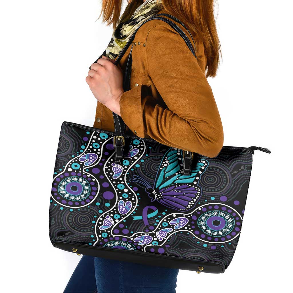 Australia Indigenous Leather Tote Bag Teal & Purple Ribbon Butterfly Aboriginal Arts