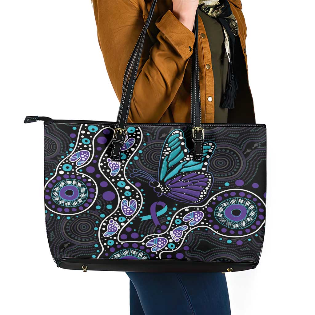 Australia Indigenous Leather Tote Bag Teal & Purple Ribbon Butterfly Aboriginal Arts