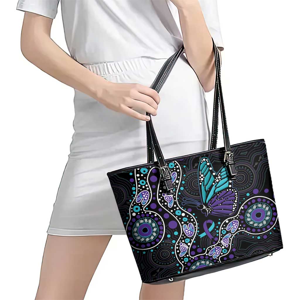 Australia Indigenous Leather Tote Bag Teal & Purple Ribbon Butterfly Aboriginal Arts