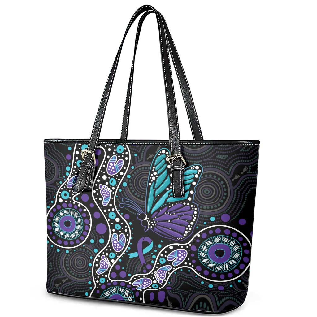 Australia Indigenous Leather Tote Bag Teal & Purple Ribbon Butterfly Aboriginal Arts