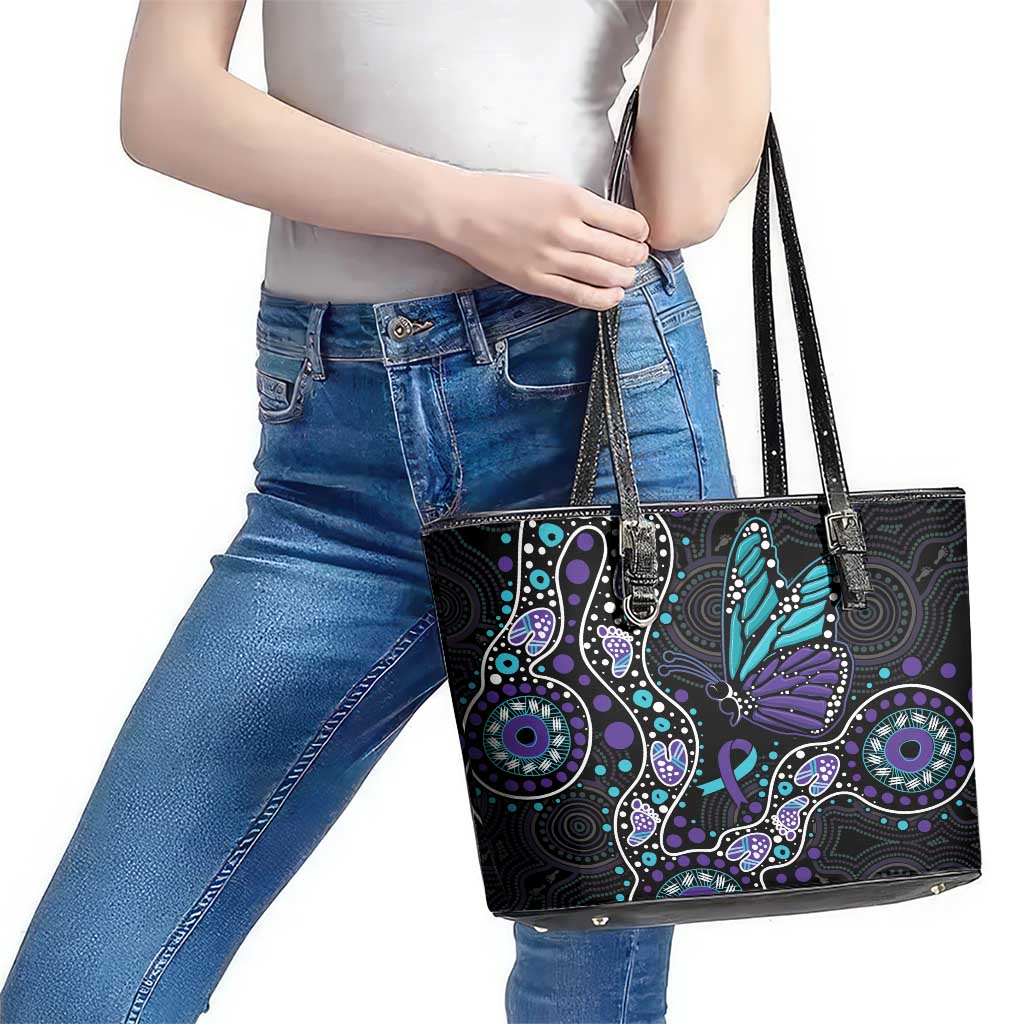 Australia Indigenous Leather Tote Bag Teal & Purple Ribbon Butterfly Aboriginal Arts