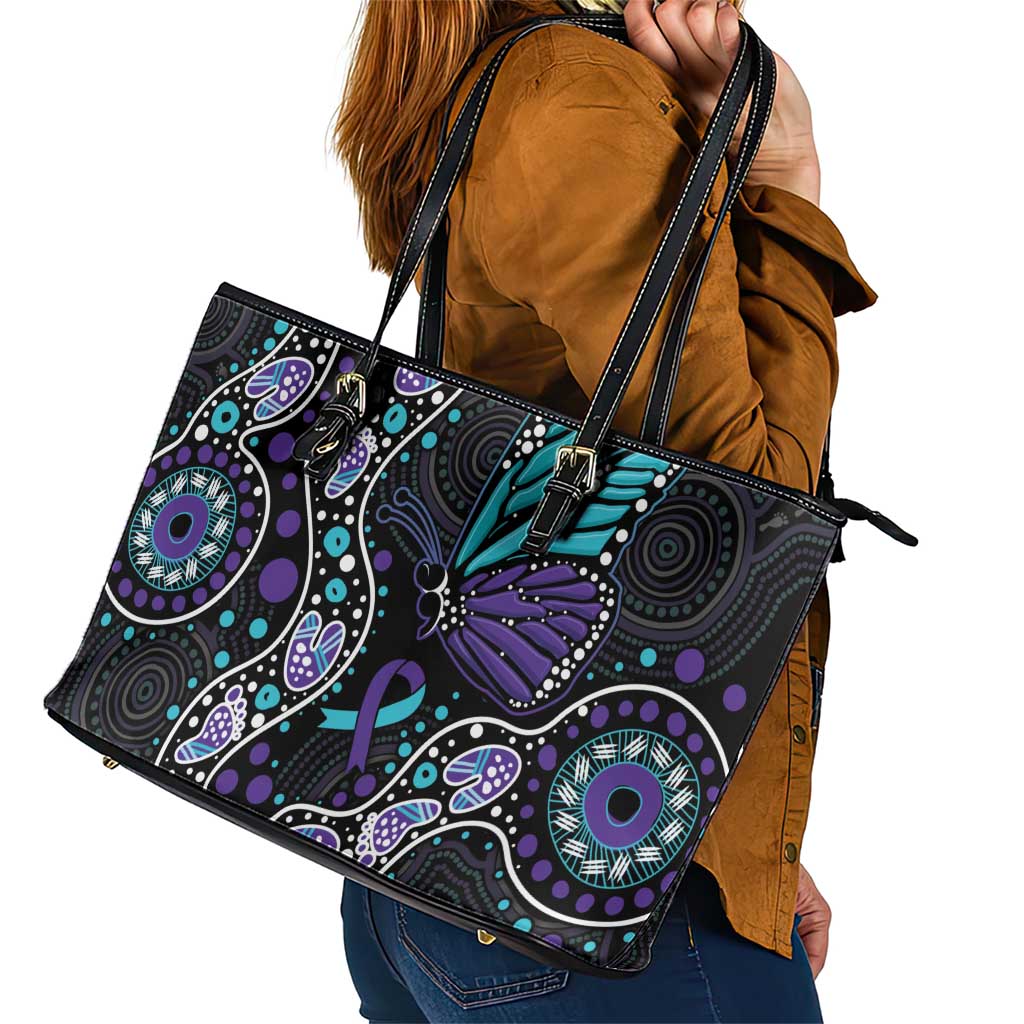 Australia Indigenous Leather Tote Bag Teal & Purple Ribbon Butterfly Aboriginal Arts