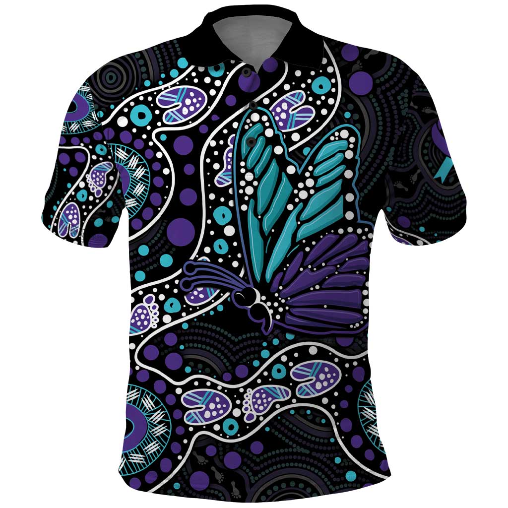 Australia Indigenous Polo Shirt Teal & Purple Ribbon Butterfly Aboriginal Arts