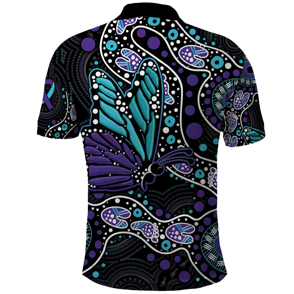 Australia Indigenous Polo Shirt Teal & Purple Ribbon Butterfly Aboriginal Arts