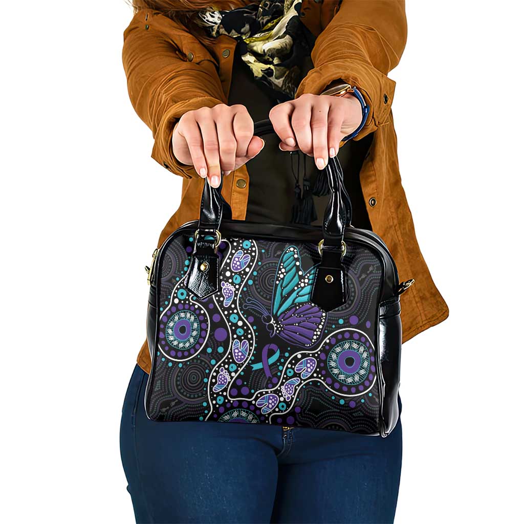 Australia Indigenous Shoulder Handbag Teal & Purple Ribbon Butterfly Aboriginal Arts