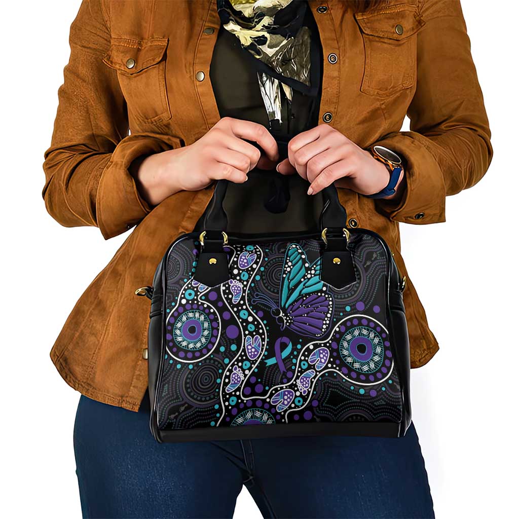 Australia Indigenous Shoulder Handbag Teal & Purple Ribbon Butterfly Aboriginal Arts