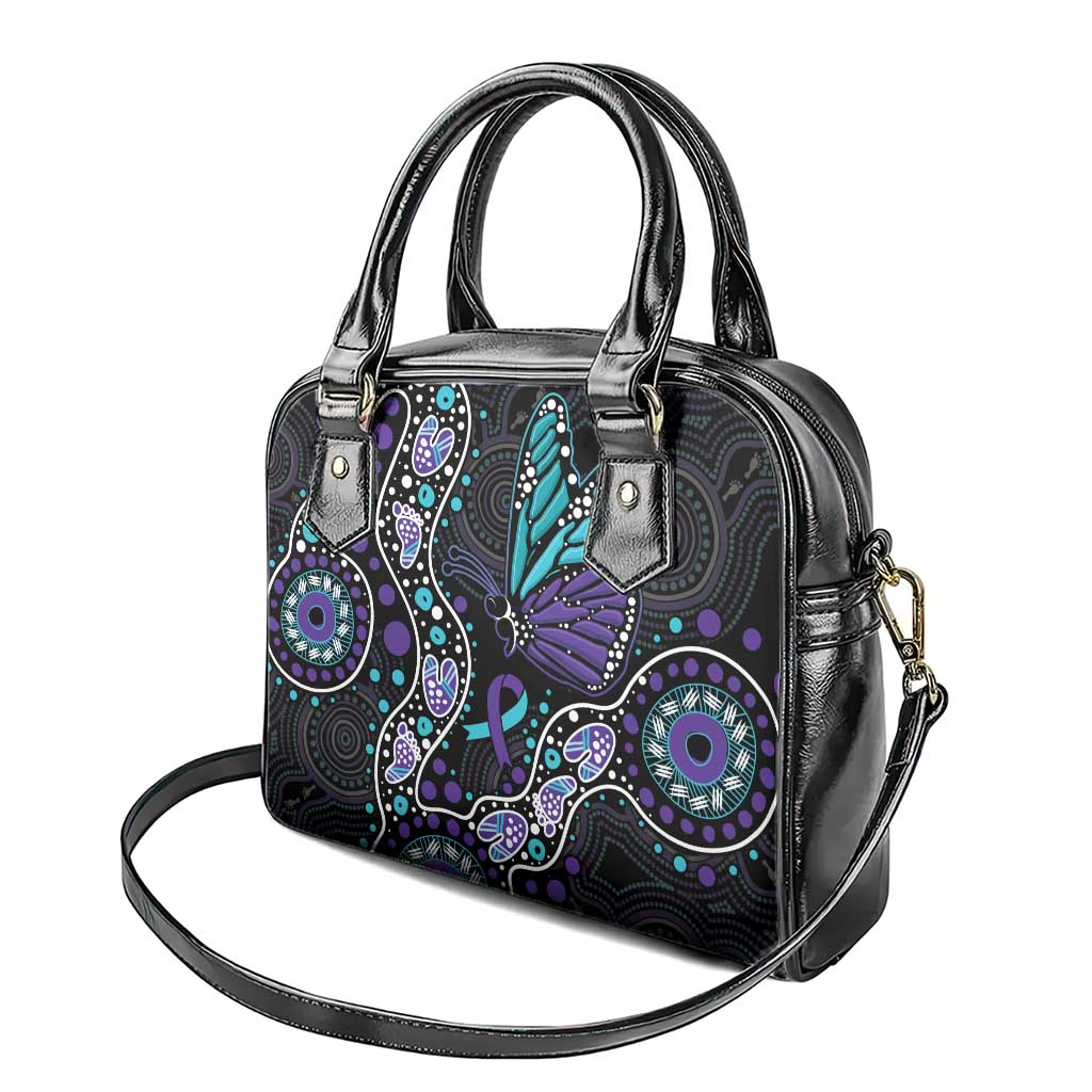 Australia Indigenous Shoulder Handbag Teal & Purple Ribbon Butterfly Aboriginal Arts