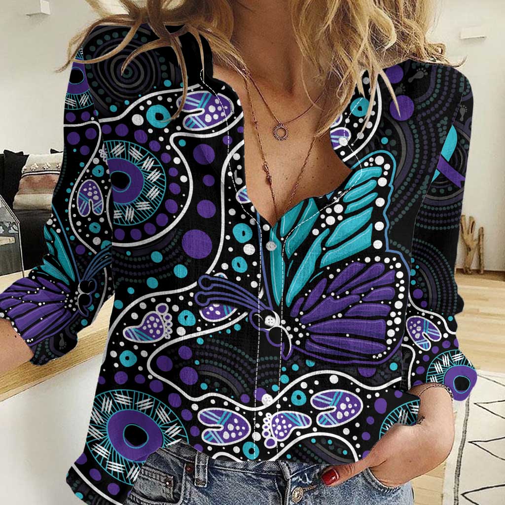 Australia Indigenous Women Casual Shirt Teal & Purple Ribbon Butterfly Aboriginal Arts