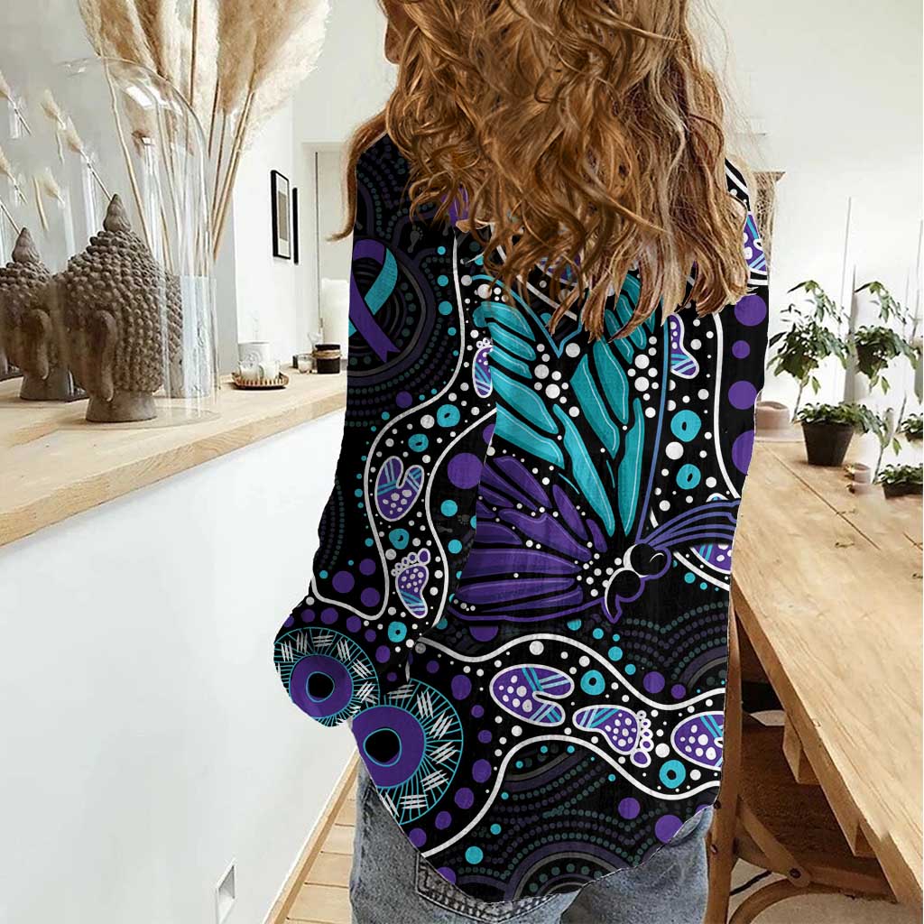 Australia Indigenous Women Casual Shirt Teal & Purple Ribbon Butterfly Aboriginal Arts