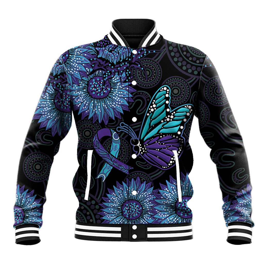 Australia Indigenous Baseball Jacket Teal & Purple Sunflower Aboriginal Arts