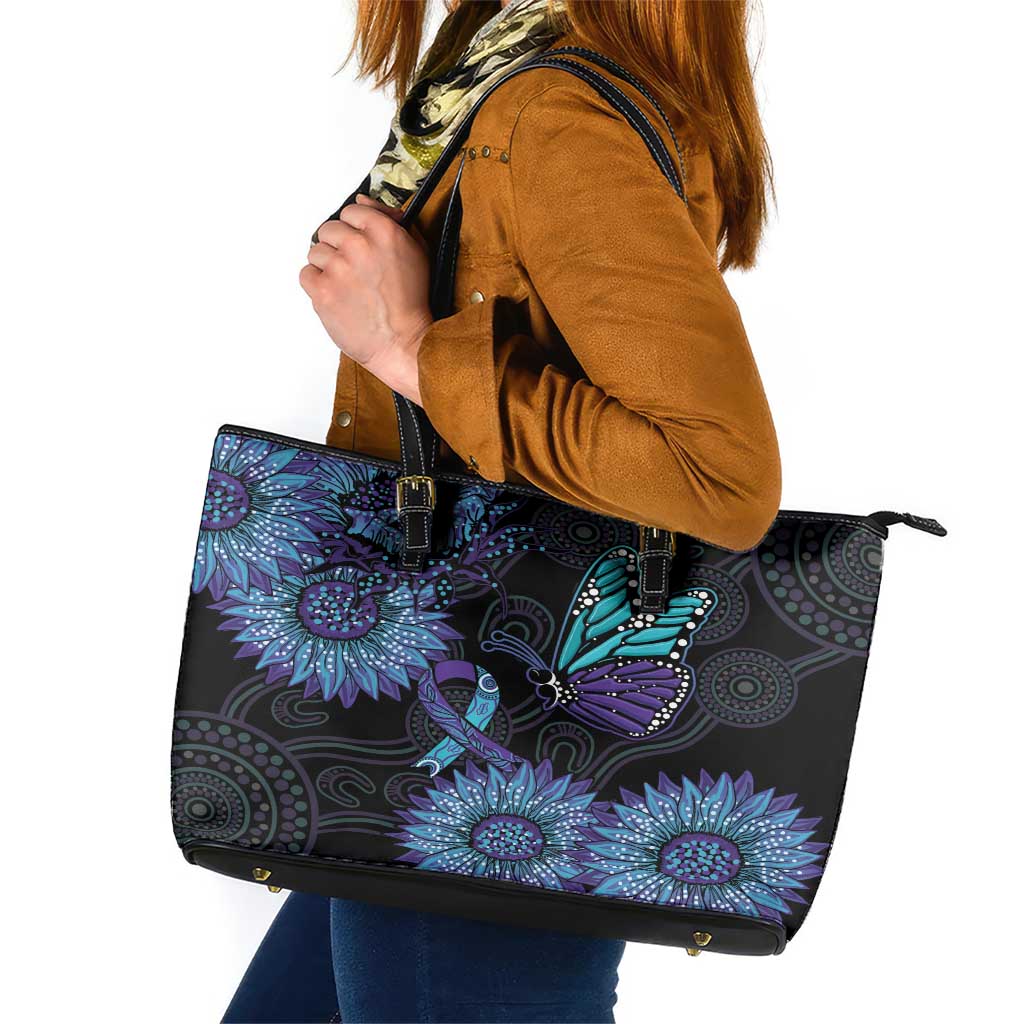 Australia Indigenous Leather Tote Bag Teal & Purple Sunflower Aboriginal Arts