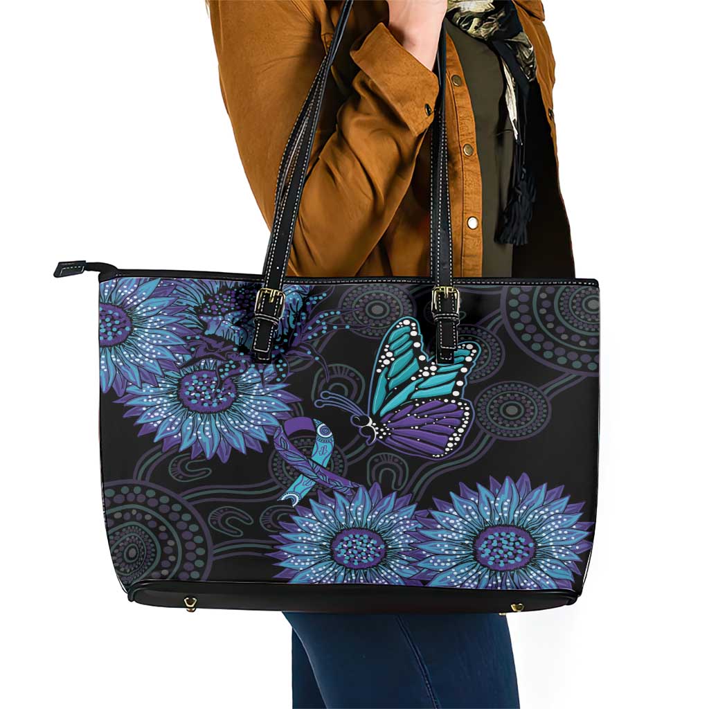 Australia Indigenous Leather Tote Bag Teal & Purple Sunflower Aboriginal Arts