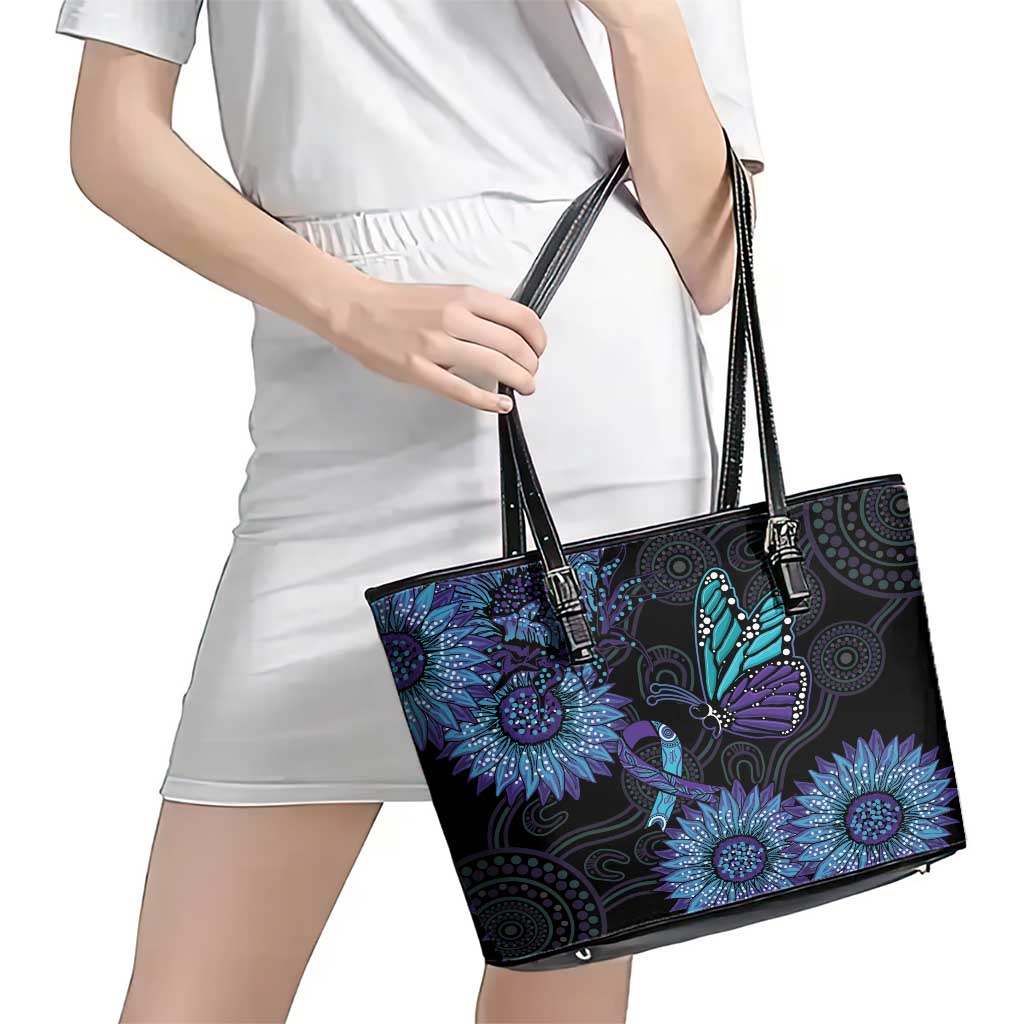 Australia Indigenous Leather Tote Bag Teal & Purple Sunflower Aboriginal Arts