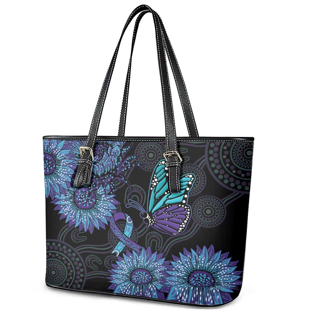 Australia Indigenous Leather Tote Bag Teal & Purple Sunflower Aboriginal Arts