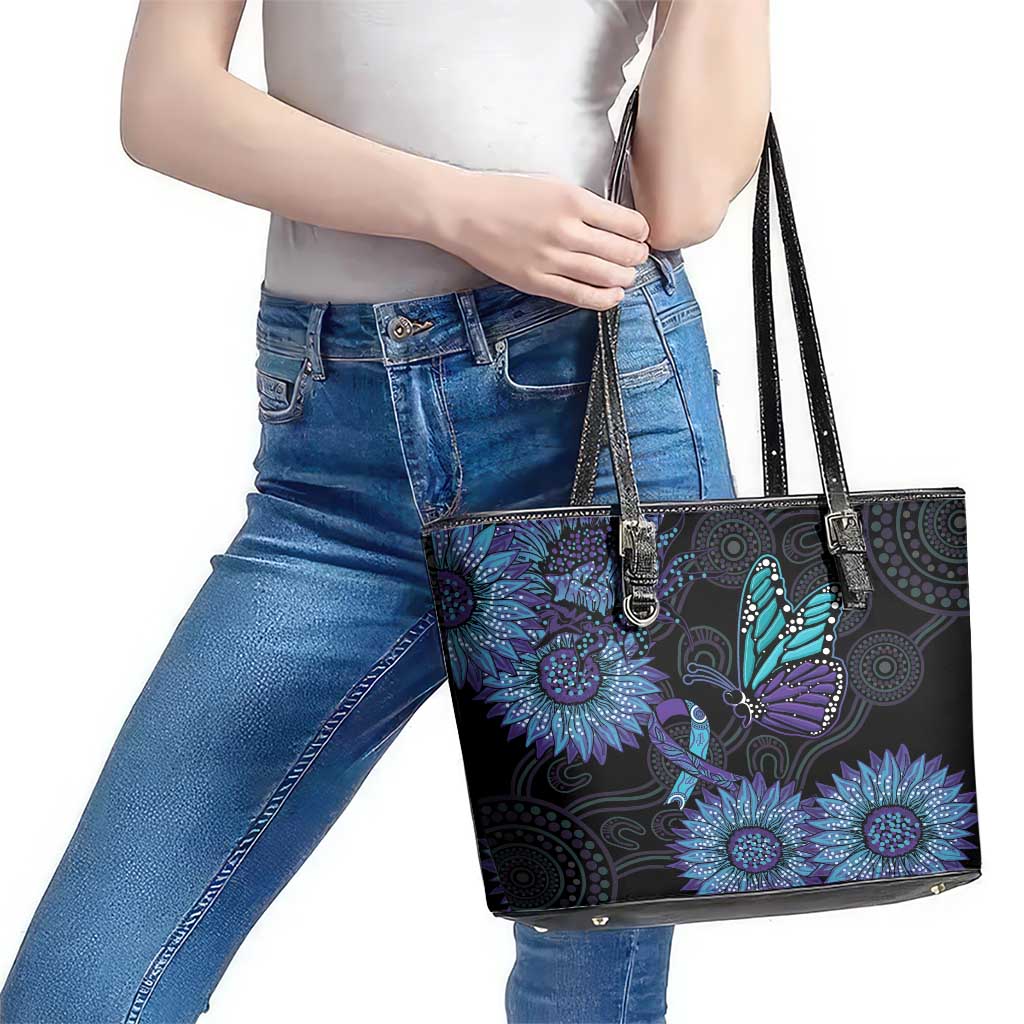 Australia Indigenous Leather Tote Bag Teal & Purple Sunflower Aboriginal Arts