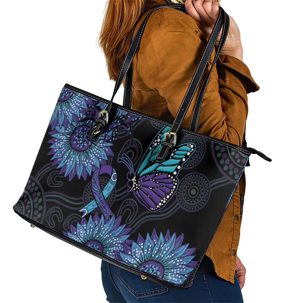 Australia Indigenous Leather Tote Bag Teal & Purple Sunflower Aboriginal Arts