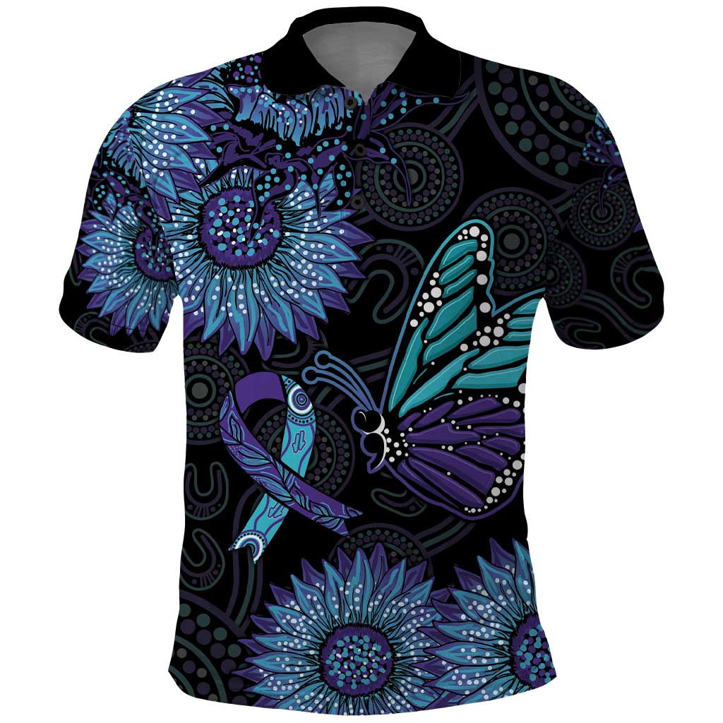 Australia Indigenous Polo Shirt Teal & Purple Sunflower Aboriginal Arts