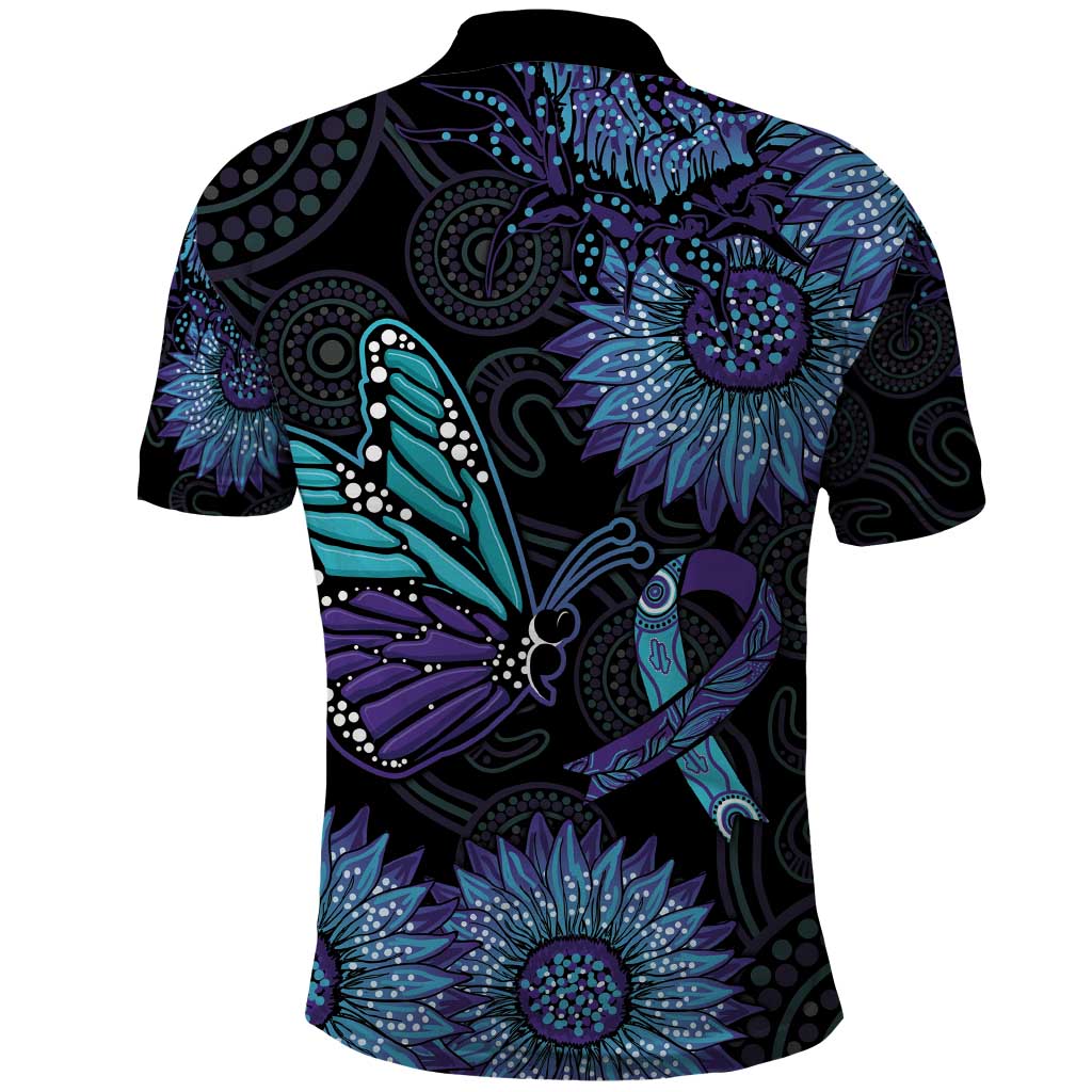 Australia Indigenous Polo Shirt Teal & Purple Sunflower Aboriginal Arts