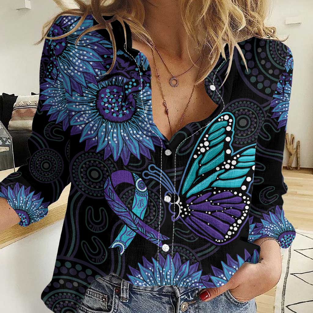 Australia Indigenous Women Casual Shirt Teal & Purple Sunflower Aboriginal Arts