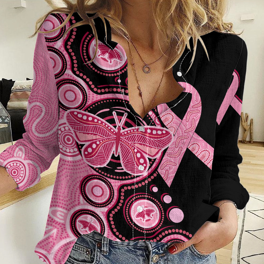 Australia Indigenous Women Casual Shirt Breast Cancer Ribbon Butterfly Aboriginal Arts LT7