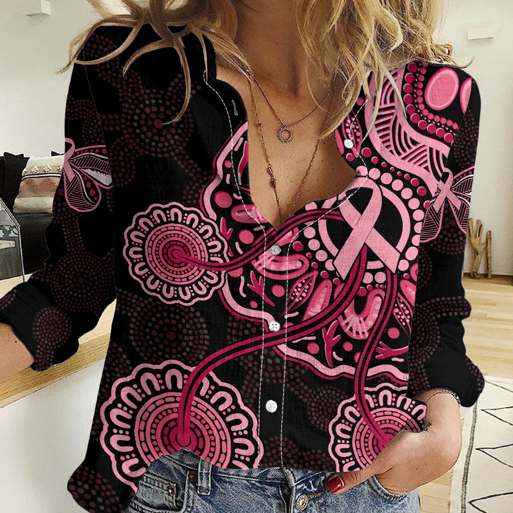 Australia Indigenous Women Casual Shirt Breast Cancer Ribbon Aboriginal Art - Black LT7