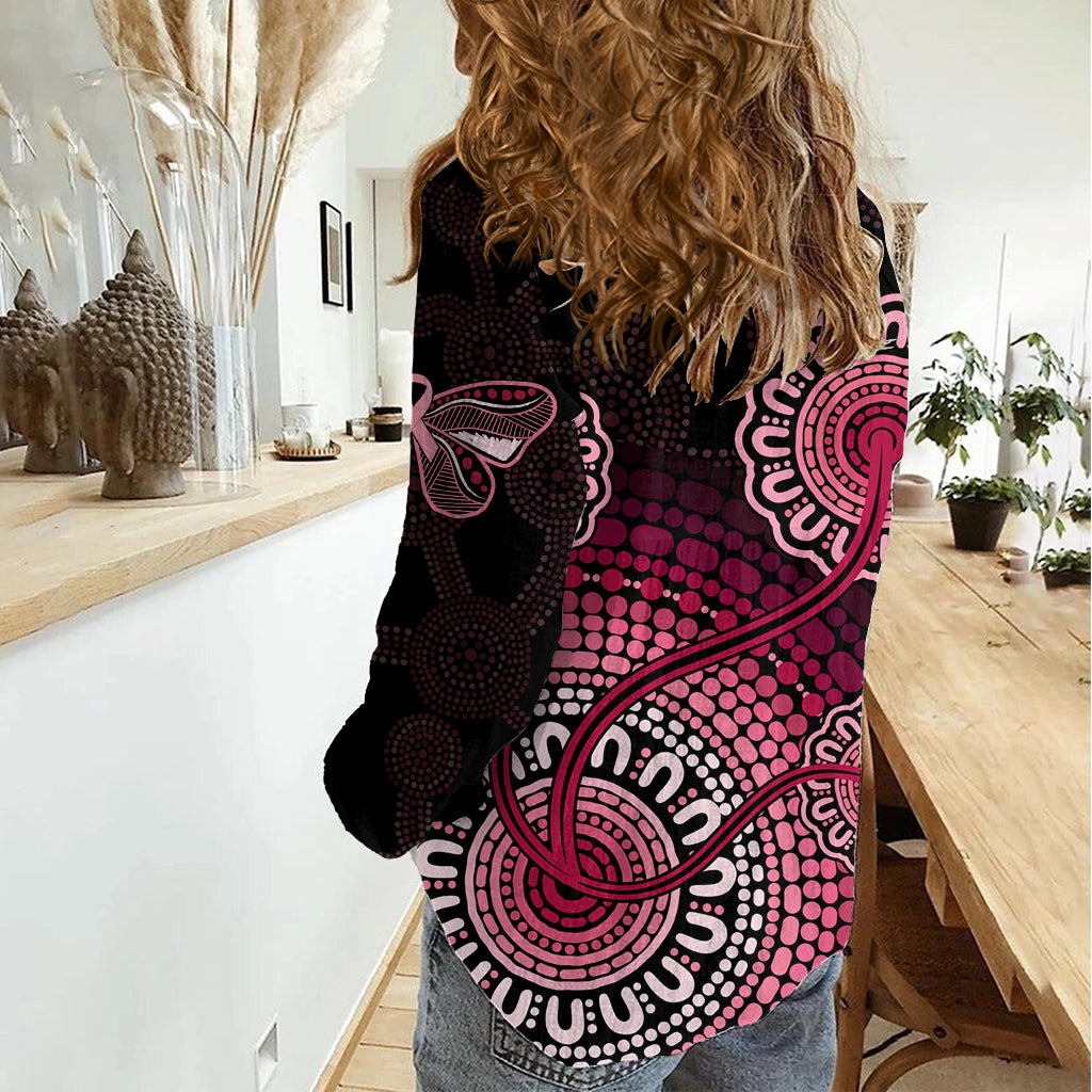 Australia Indigenous Women Casual Shirt Breast Cancer Ribbon Aboriginal Art - Black LT7