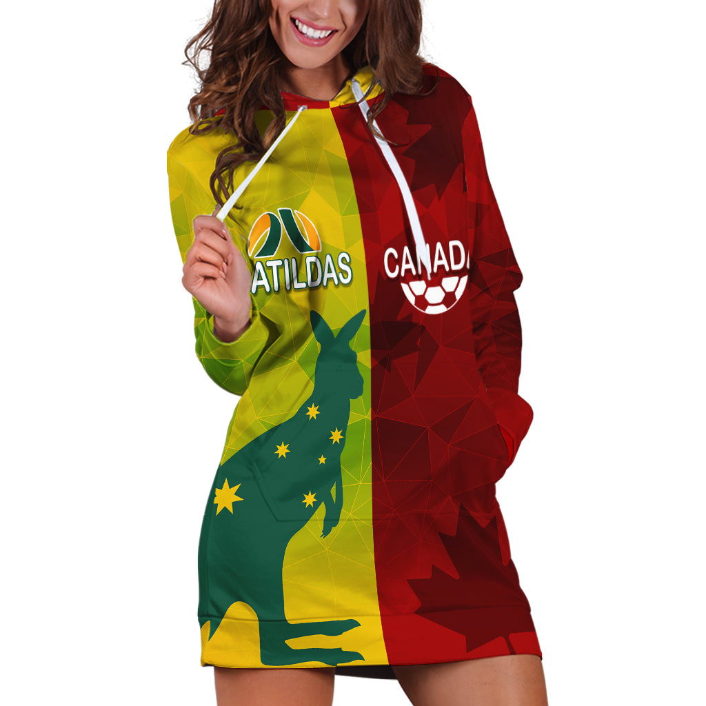 personalised-australia-vs-canada-soccer-hoodie-dress-matildas-with-maple-leaves