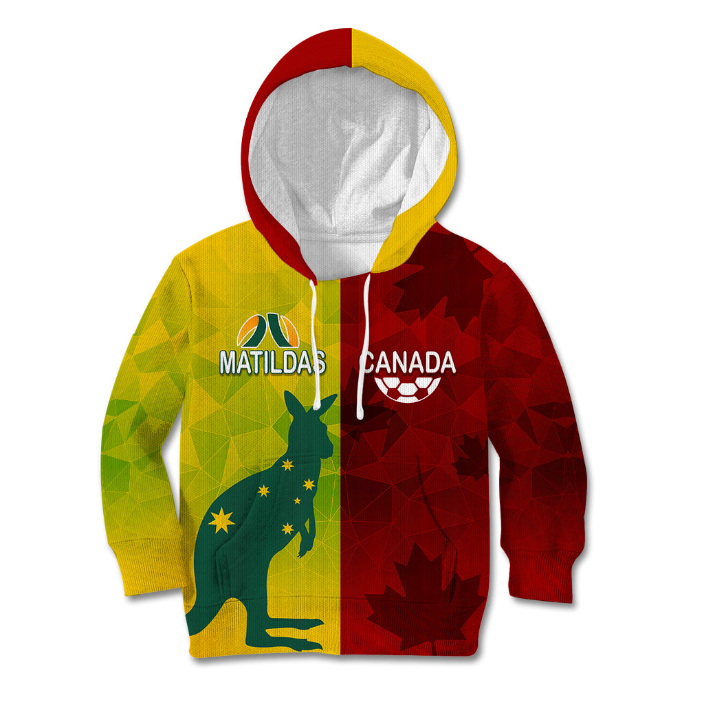 personalised-australia-vs-canada-soccer-kid-hoodie-matildas-with-maple-leaves