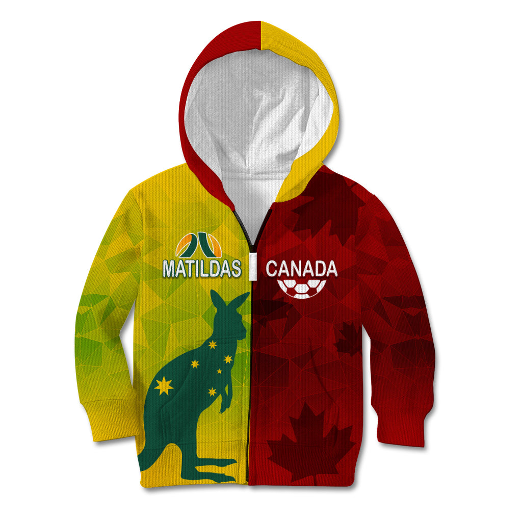 personalised-australia-vs-canada-soccer-kid-hoodie-matildas-with-maple-leaves