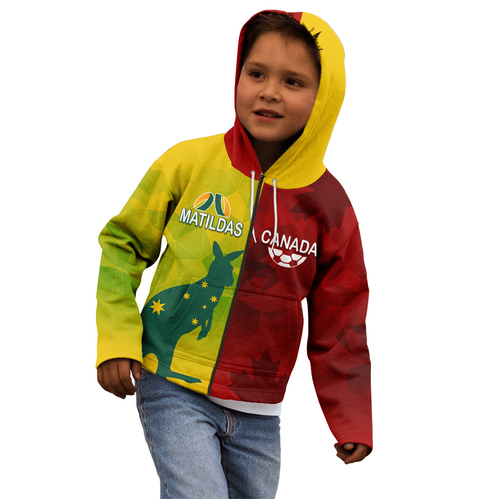 personalised-australia-vs-canada-soccer-kid-hoodie-matildas-with-maple-leaves