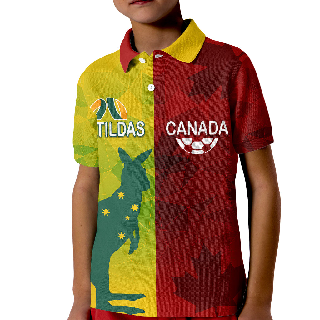 personalised-australia-vs-canada-soccer-kid-polo-shirt-matildas-with-maple-leaves