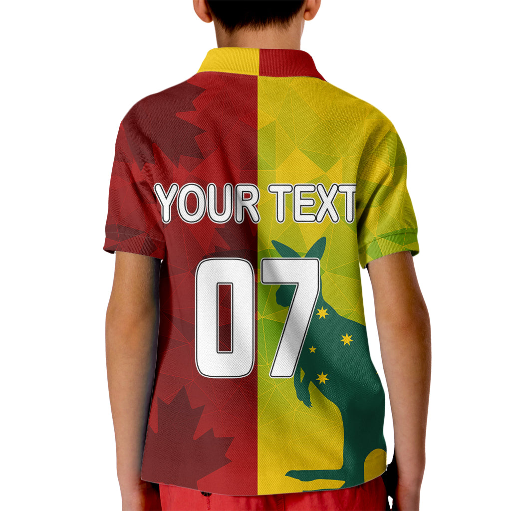 personalised-australia-vs-canada-soccer-kid-polo-shirt-matildas-with-maple-leaves