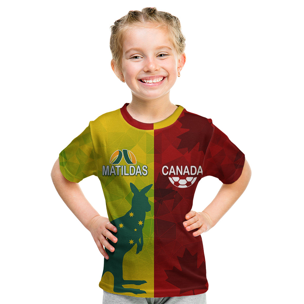 personalised-australia-vs-canada-soccer-kid-t-shirt-matildas-with-maple-leaves