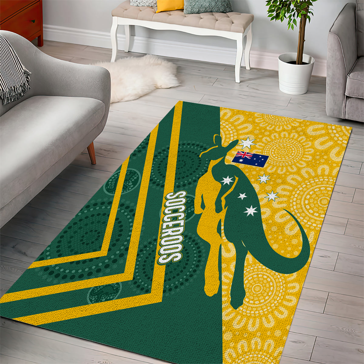 personalised-australia-socceroos-indigenous-area-rug-green-gold