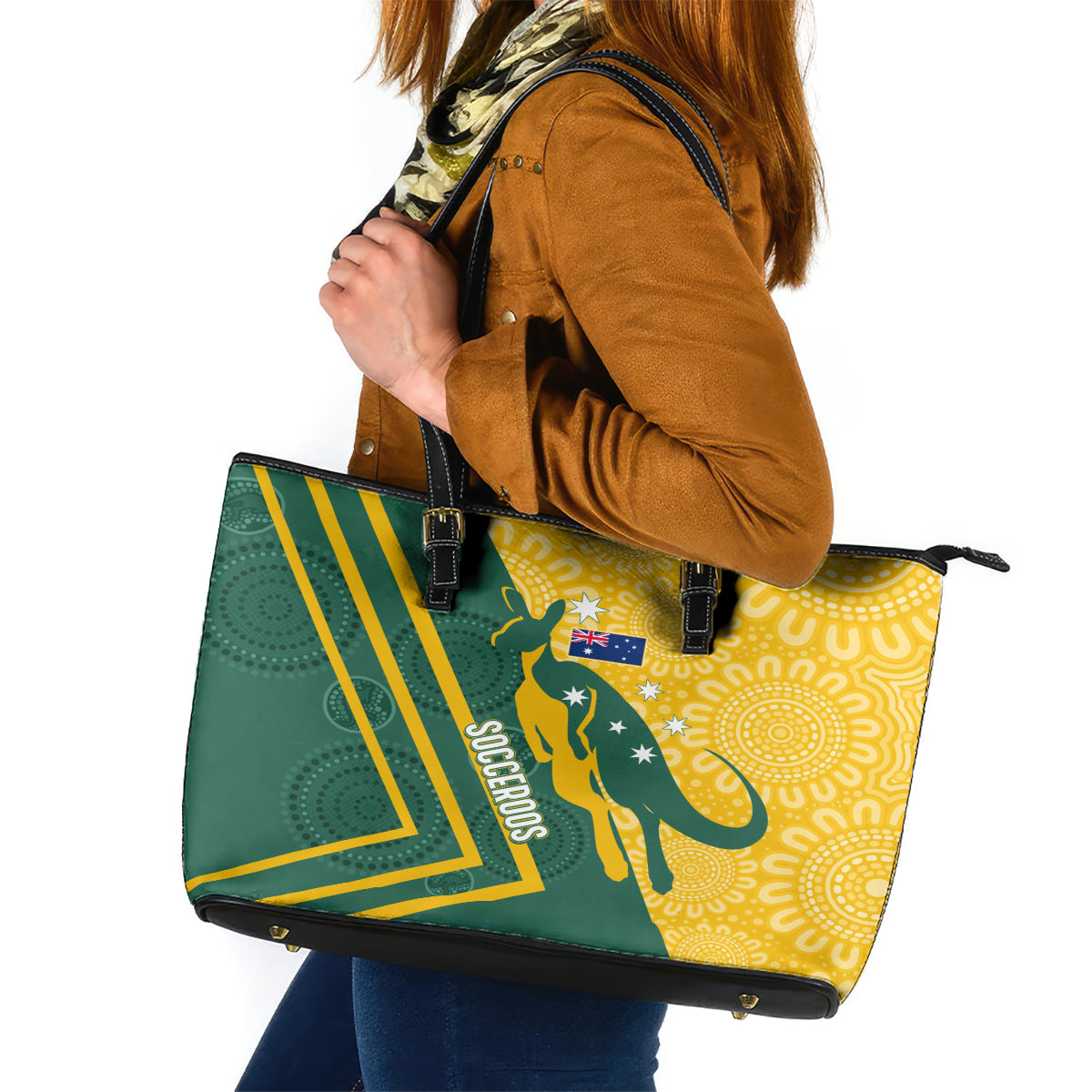 personalised-australia-socceroos-indigenous-leather-tote-bag-green-gold