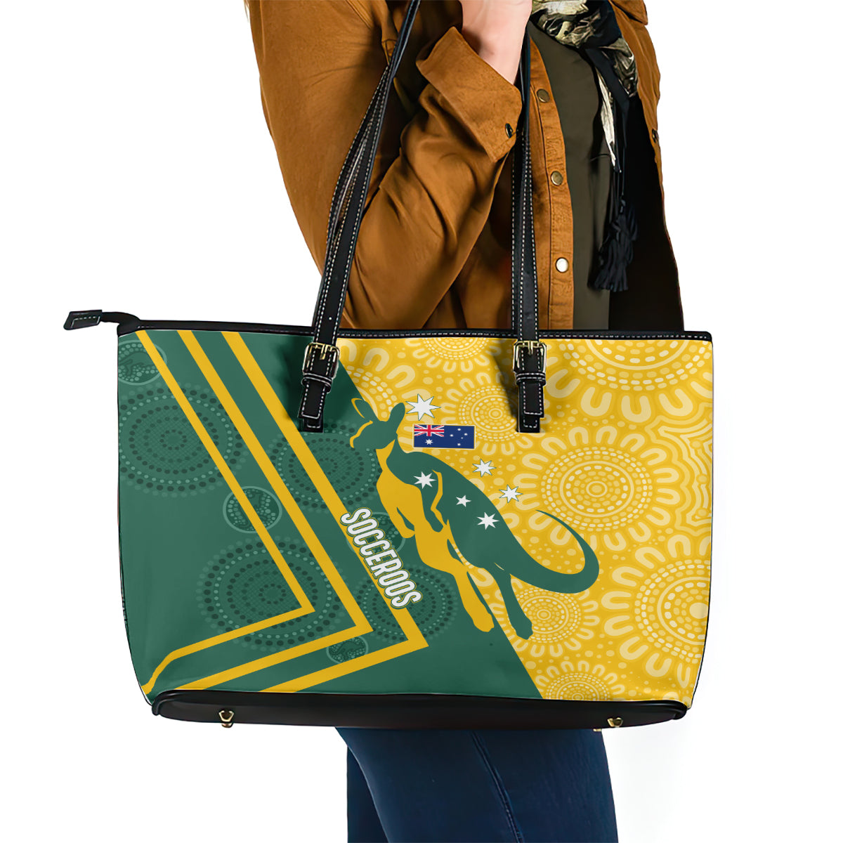 personalised-australia-socceroos-indigenous-leather-tote-bag-green-gold