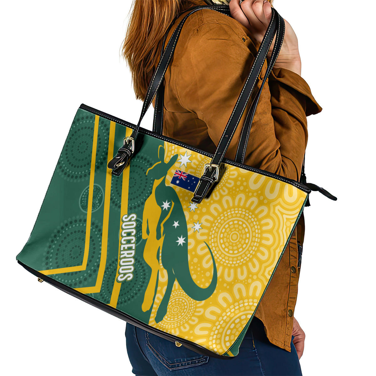 personalised-australia-socceroos-indigenous-leather-tote-bag-green-gold