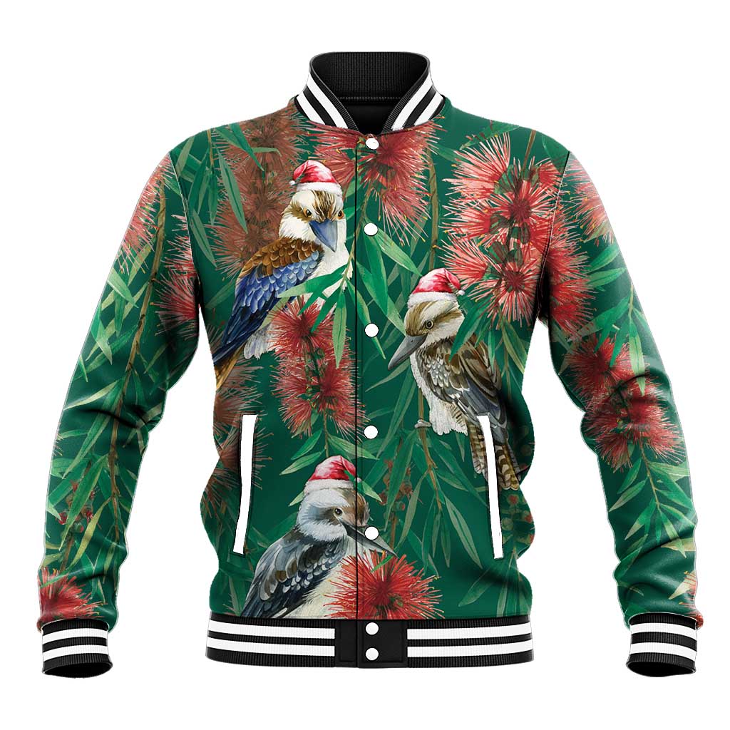 Australia Christmas Baseball Jacket Kookaburra Santa on Callistemon - Forest Green