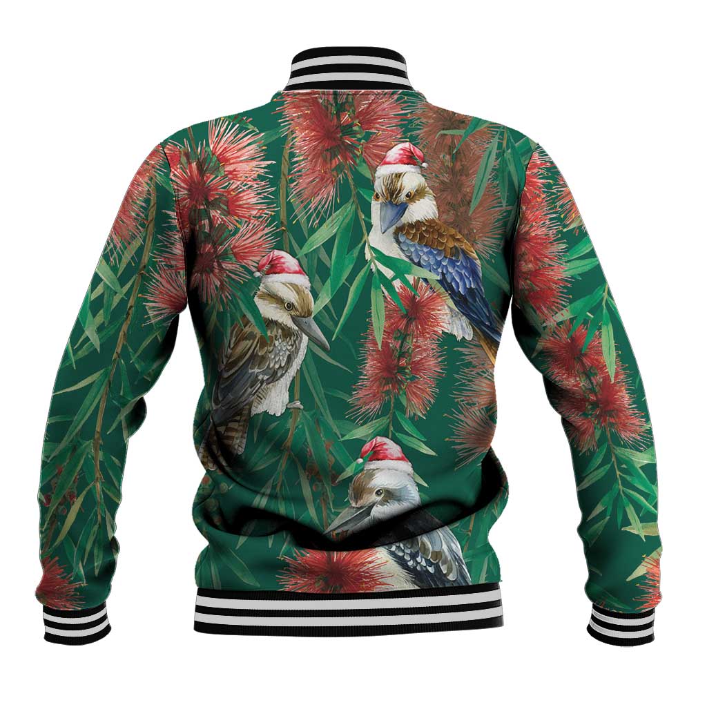 Australia Christmas Baseball Jacket Kookaburra Santa on Callistemon - Forest Green