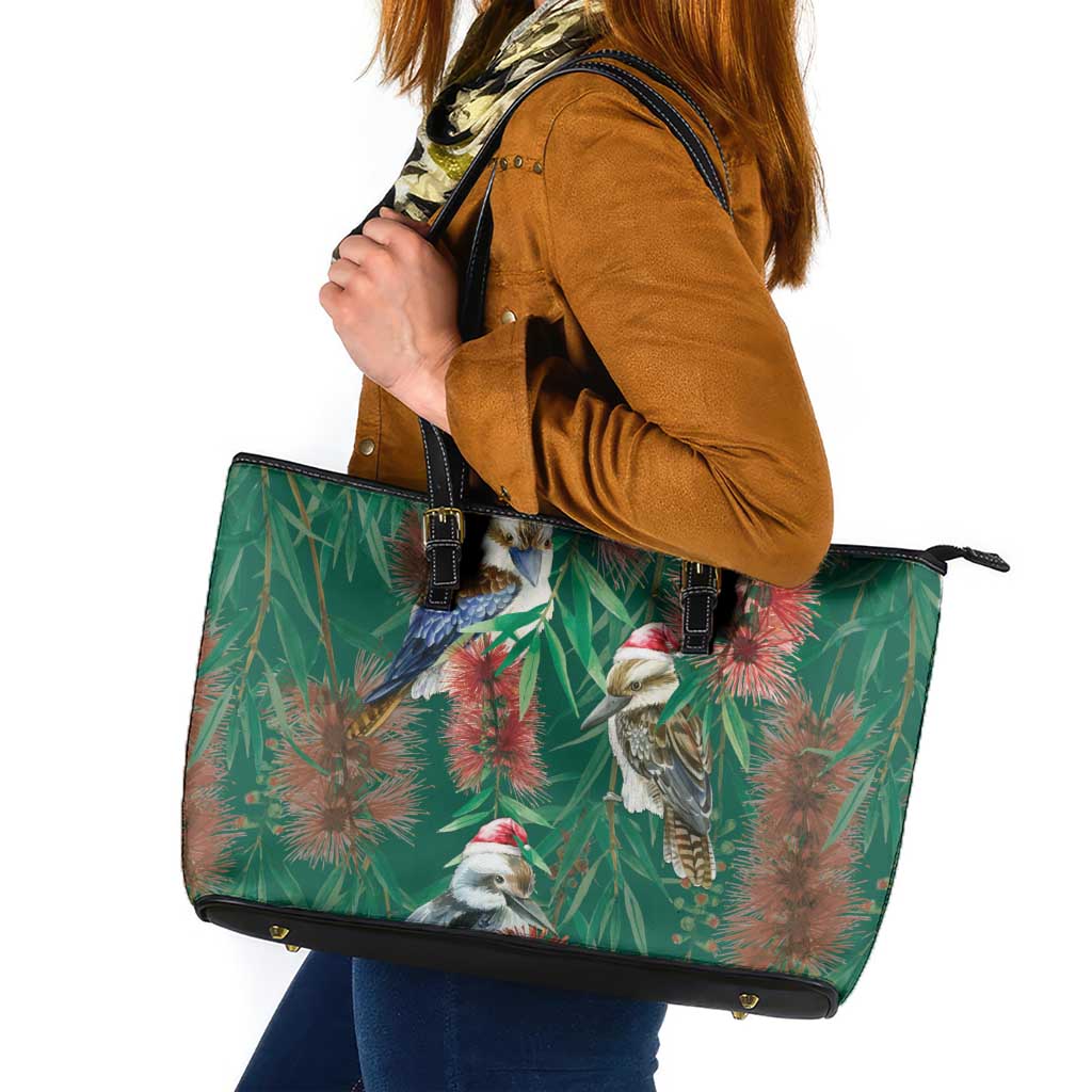 Australia Christmas Leather Tote Bag Kookaburra Santa on Callistemon - Forest Green