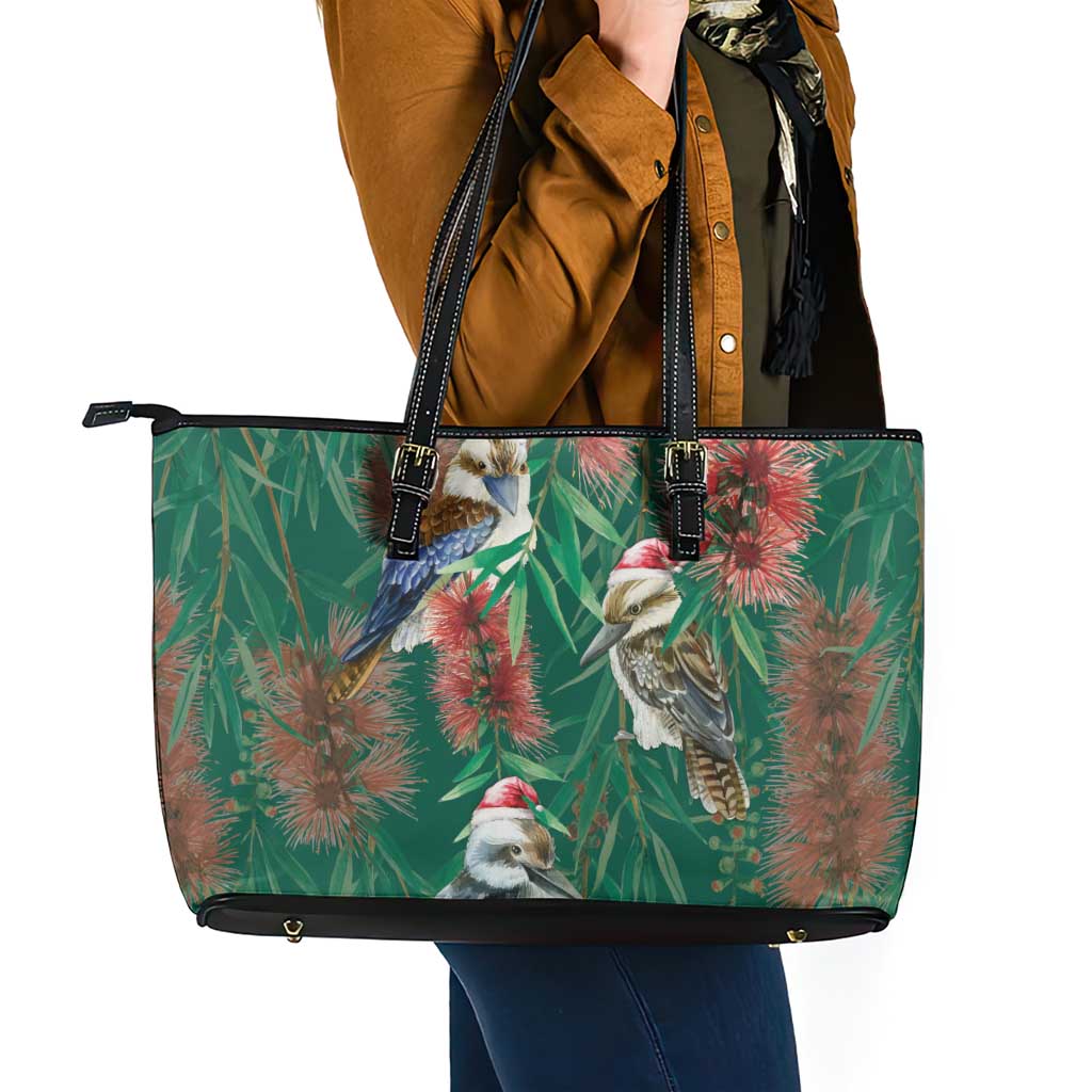 Australia Christmas Leather Tote Bag Kookaburra Santa on Callistemon - Forest Green