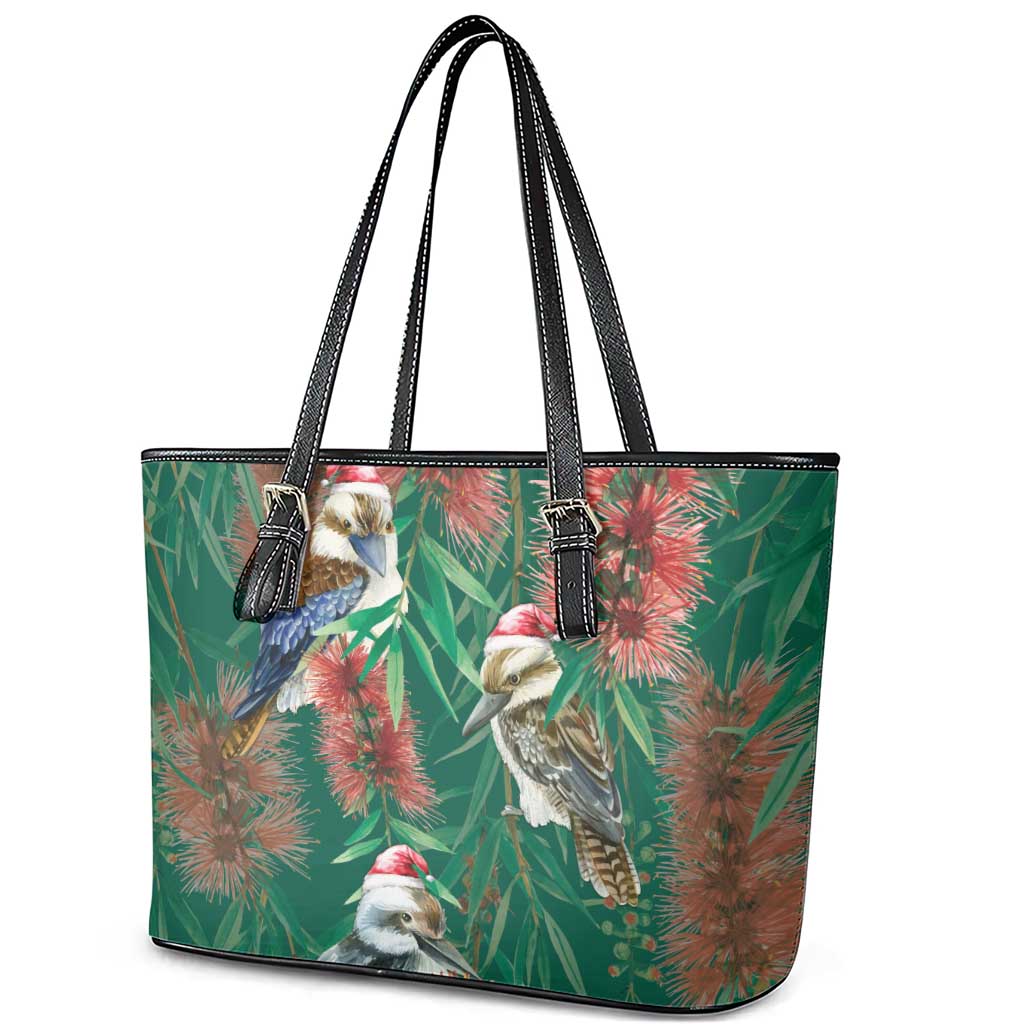 Australia Christmas Leather Tote Bag Kookaburra Santa on Callistemon - Forest Green