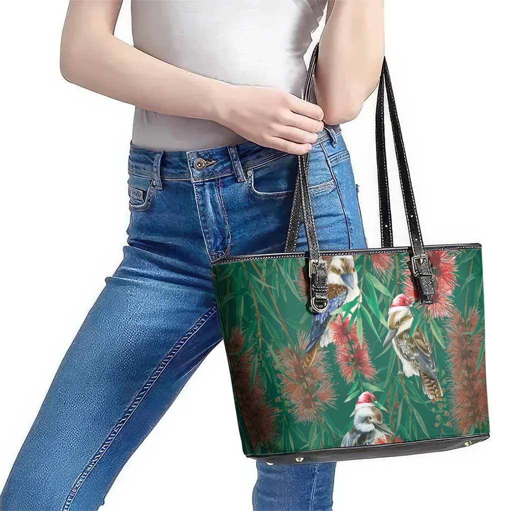 Australia Christmas Leather Tote Bag Kookaburra Santa on Callistemon - Forest Green