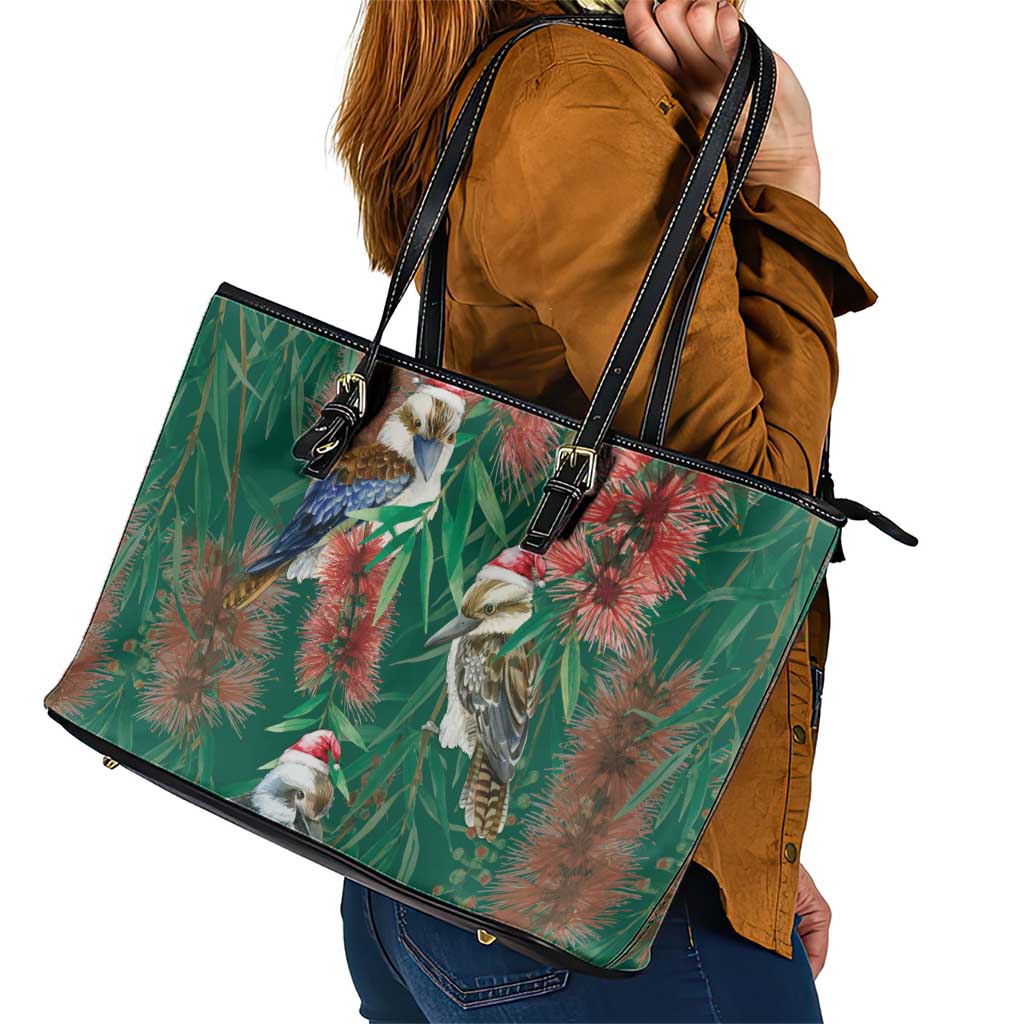 Australia Christmas Leather Tote Bag Kookaburra Santa on Callistemon - Forest Green