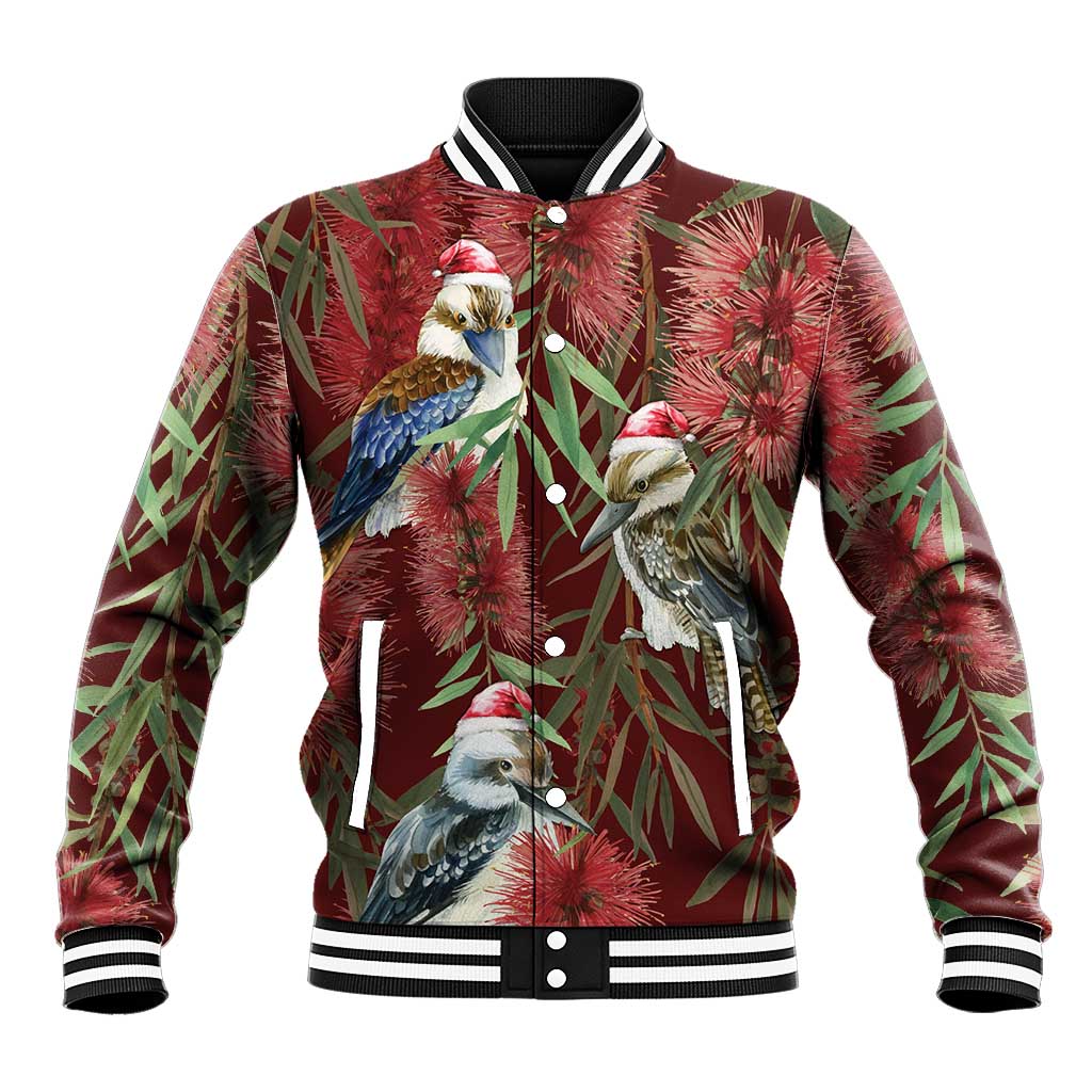 Australia Christmas Baseball Jacket Kookaburra Santa on Red Bottlebrush